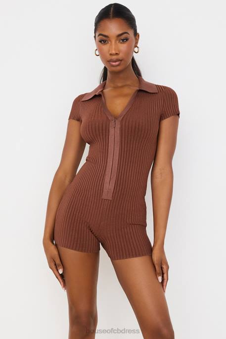 House of CB Lina Chocolate Ribbed Bandage Playsuit Clothing 4H6N965