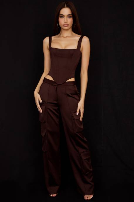 House of CB Daria Chocolate Satin Cargo Trousers Clothing 4H6N939