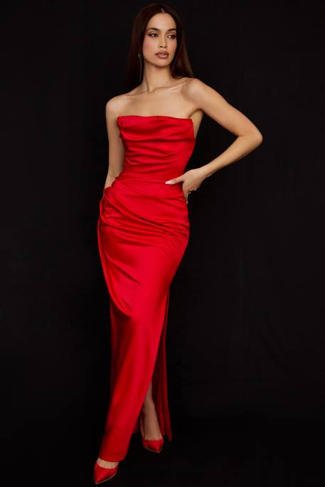 House of CB Adrienne Scarlet Satin Strapless Gown Clothing 4H6N507