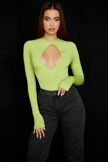 House of CB Estrelle Lime Green Cutout Bodysuit Clothing 4H6N736