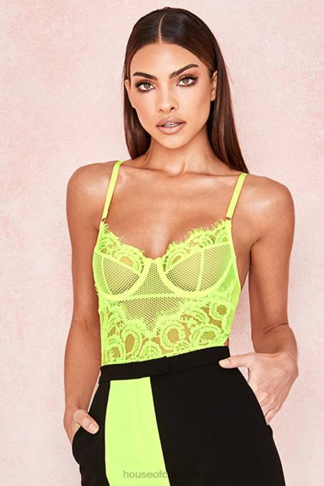 House of CB Nadia Neon Yellow Lace Bodysuit Clothing 4H6N814