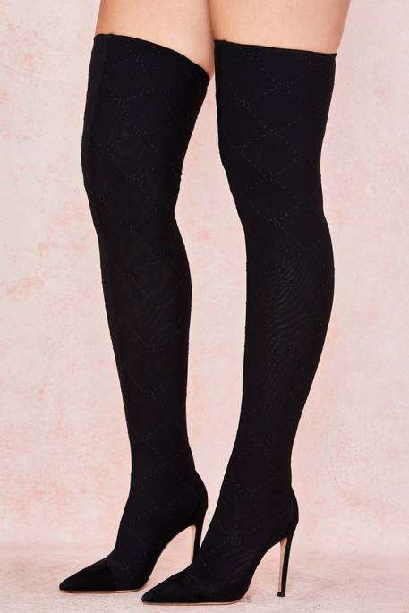 House of CB Escape Black Mesh Monogrammed Thigh Boots Shoes 4H6N1088