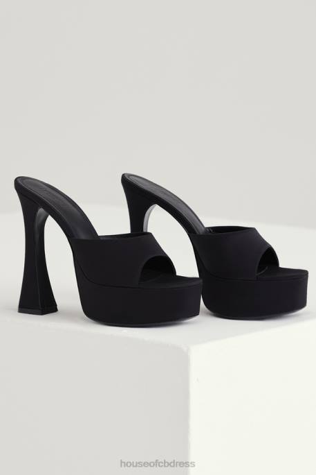 House of CB Alessandra Black Satin Platform Mules Shoes 4H6N1065